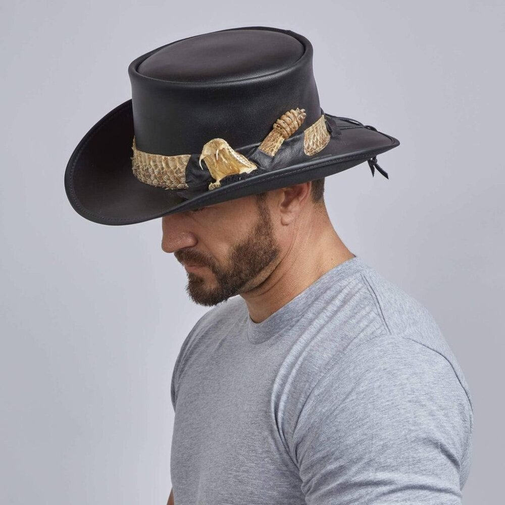 American Hat Makers Black‎ Leather Top Hat XXL Rattlesnake Band Pale Rider